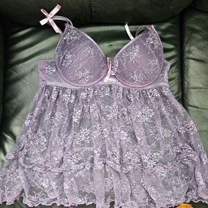 La Vie en Rose Elegant Lace Babydoll Lingerie in Purple LavenderPadded Hook Sz L